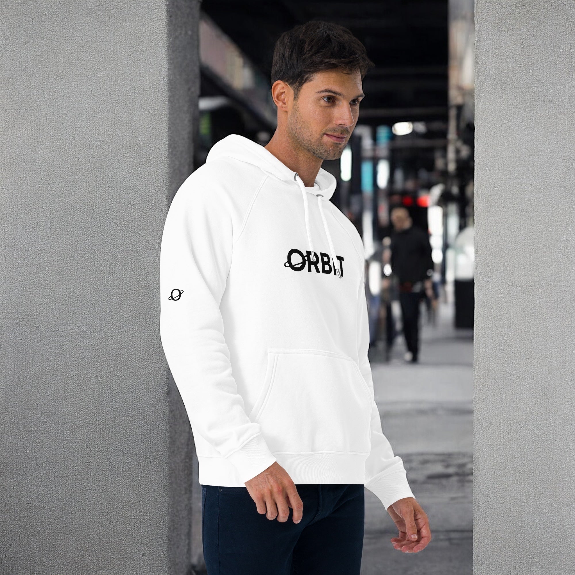 Man wearing white orbit hoodie - orbit clothing - unisex