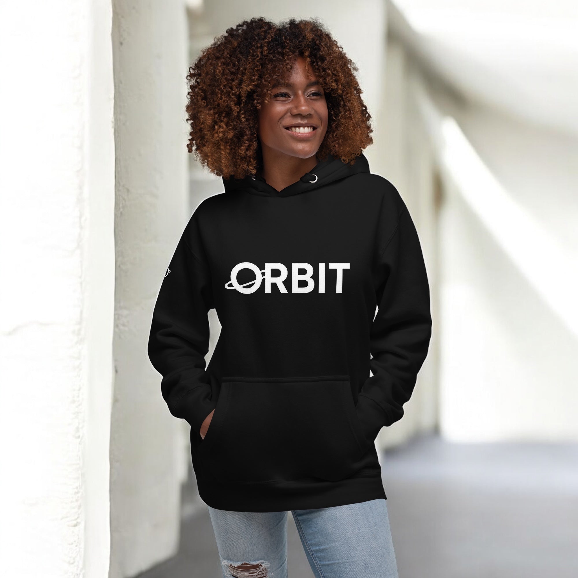 Woman in black premium orbit hoodie - Orbit clothing - Unisex