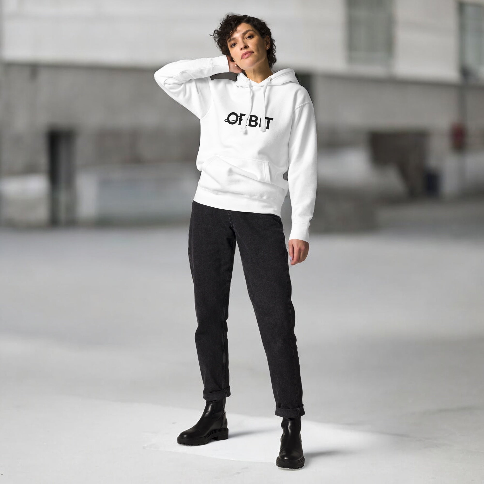Woman wearing white orbit hoodie - orbit clothing - unisex
