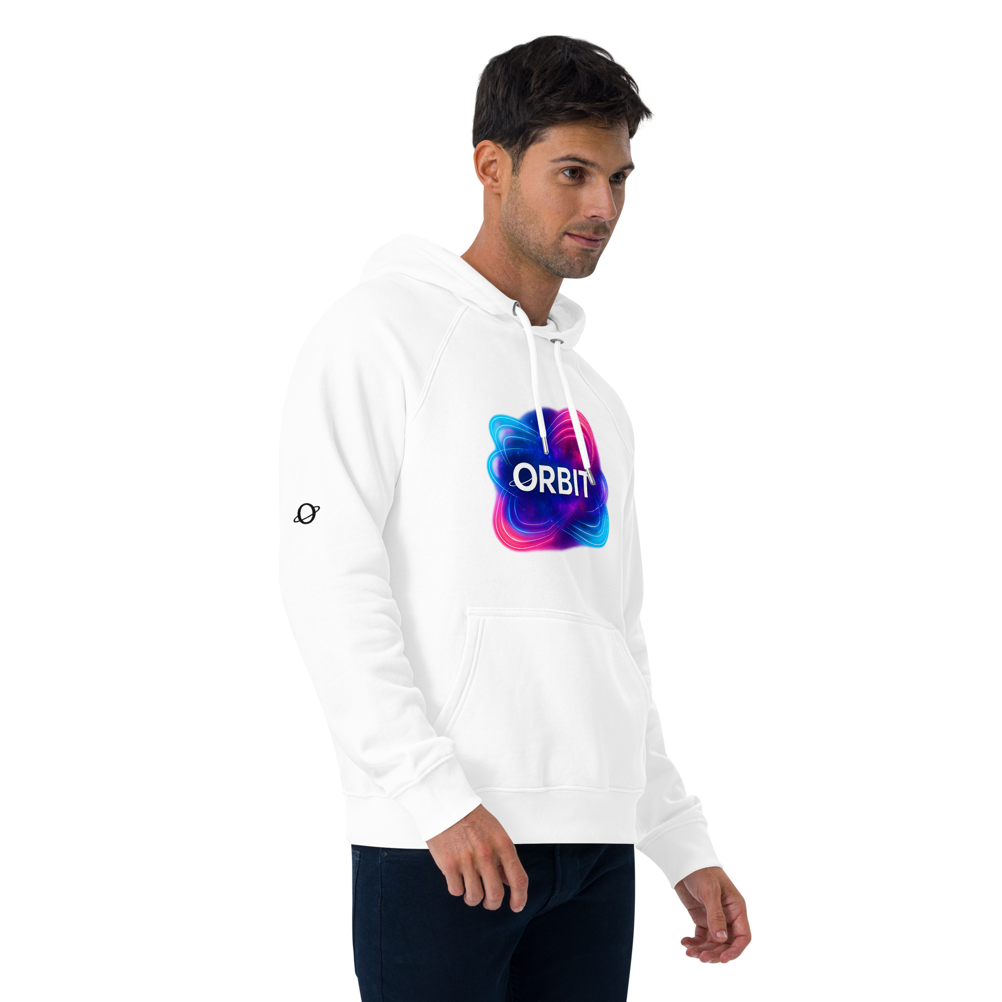 Man in white orbit hoodie with neon logo. Unisex
