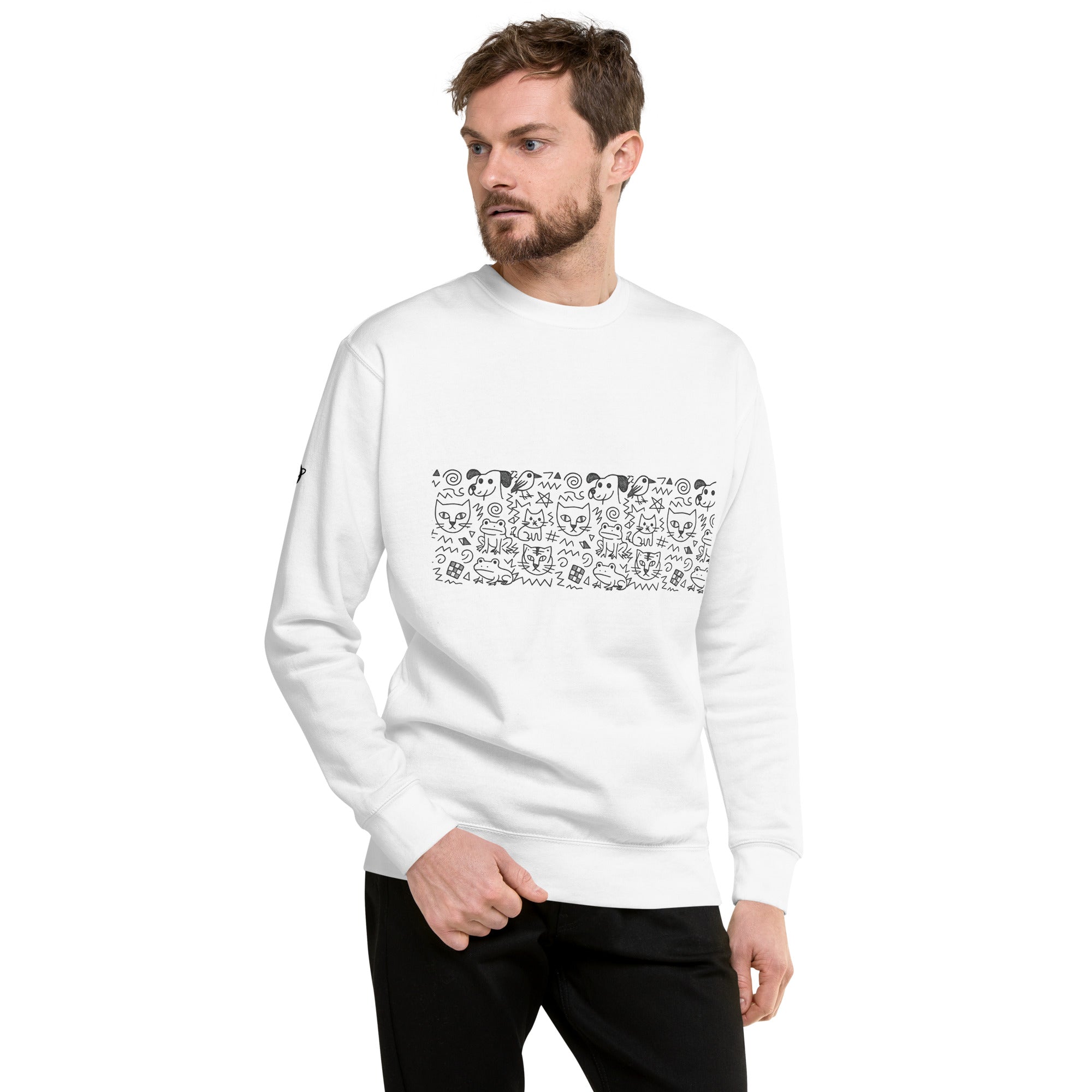 Man in white doodle sweater - orbit clothing - unisex