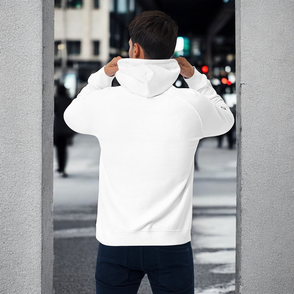 Man wearing white orbit hoodie - orbit clothing - unisex