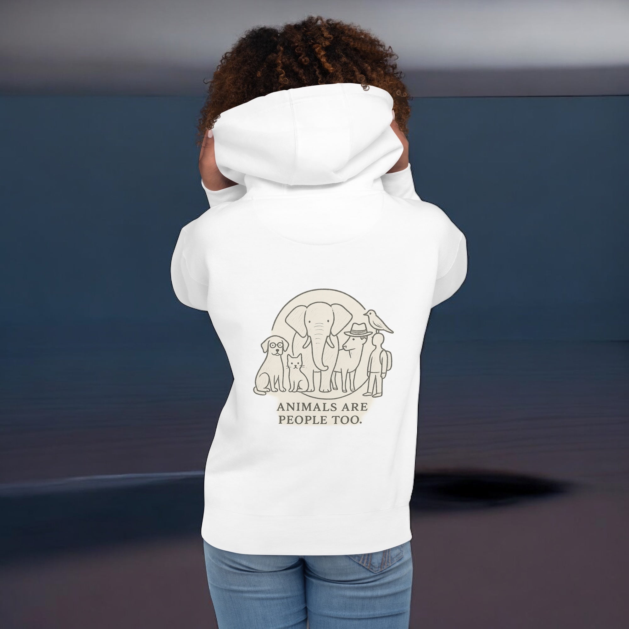 Woman wearing animals are people too hoodie - orbit clothing - unisex