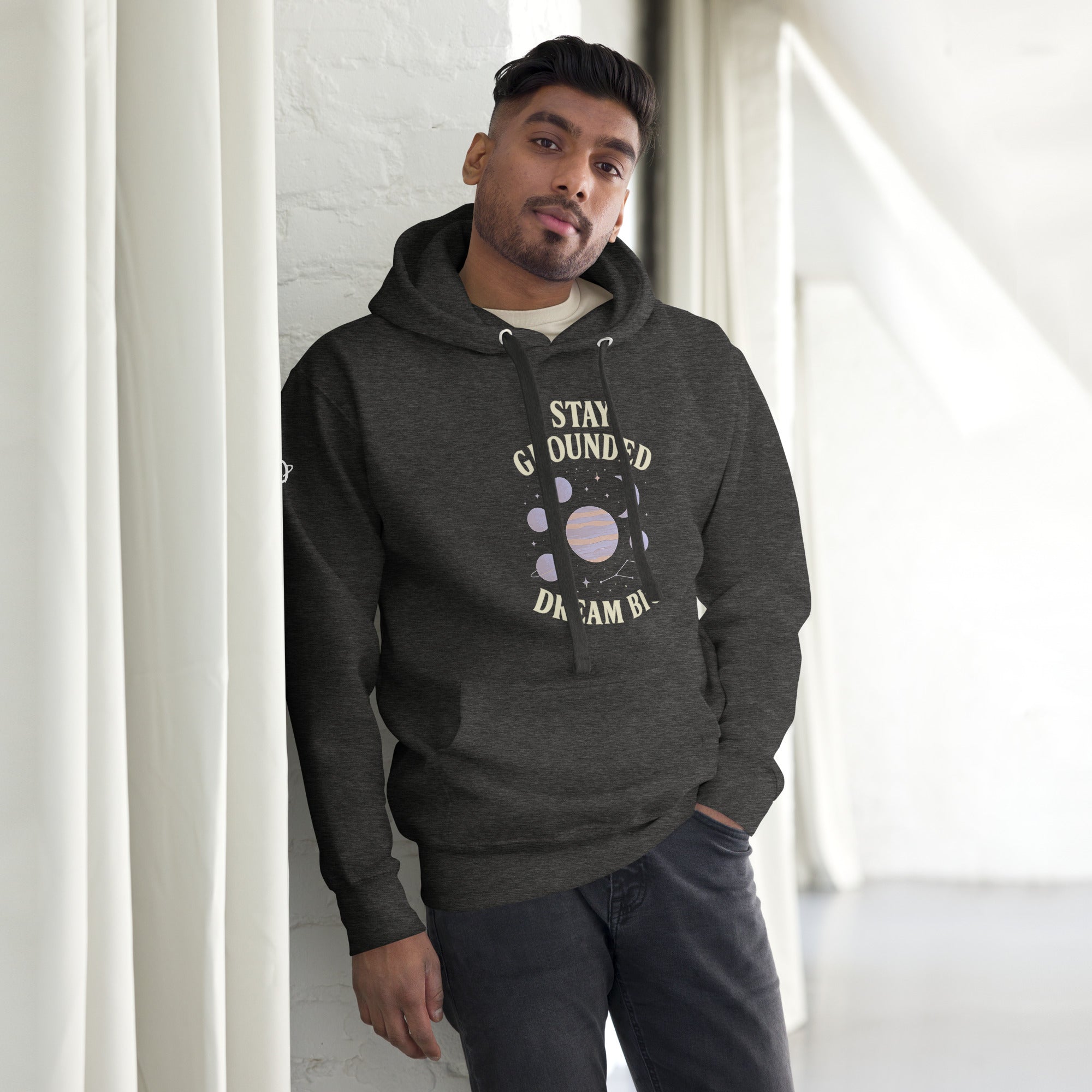 Man in grey stay grounded dream big hoodie by orbit clothing - unisex