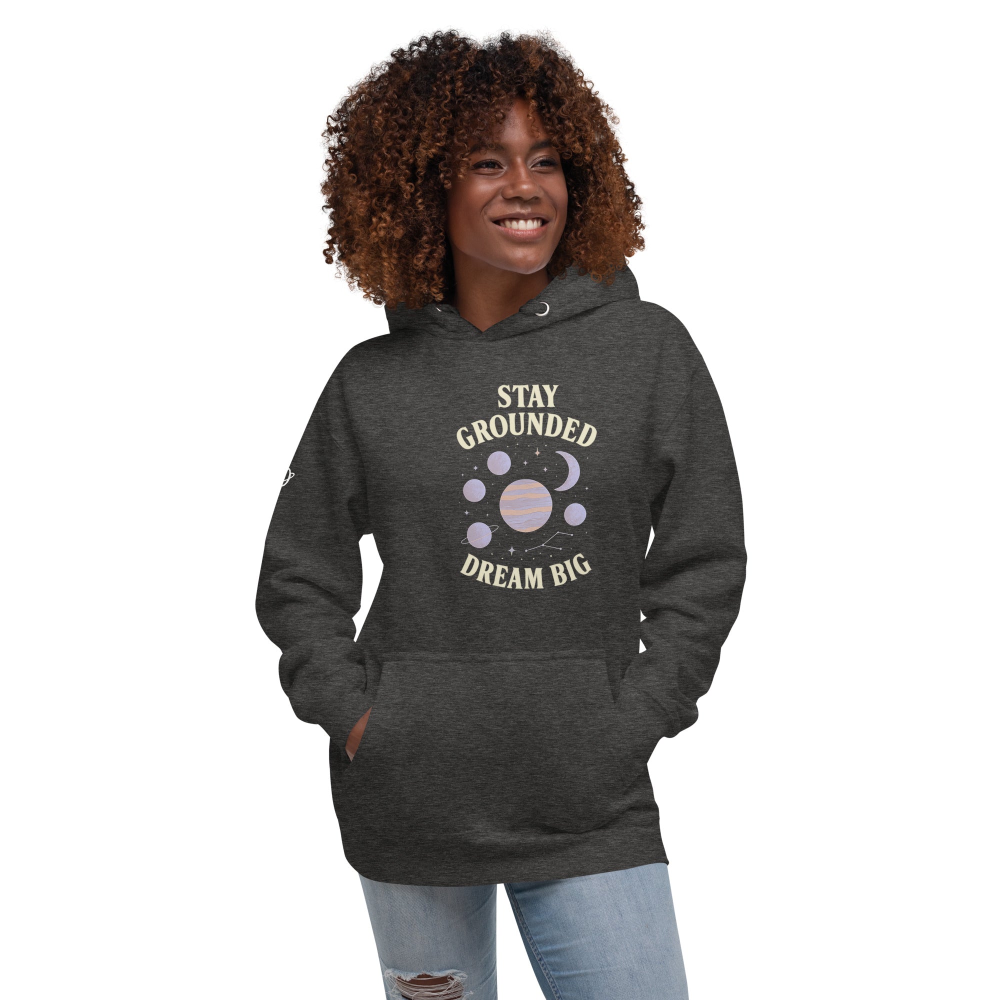 Woman in grey stay grounded dream big hoodie by orbit clothing - unisex