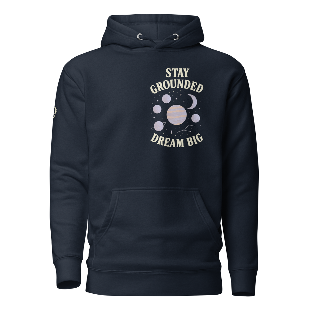 Man wearing black stay grounded dream big hoodie by orbit clothing - unisex