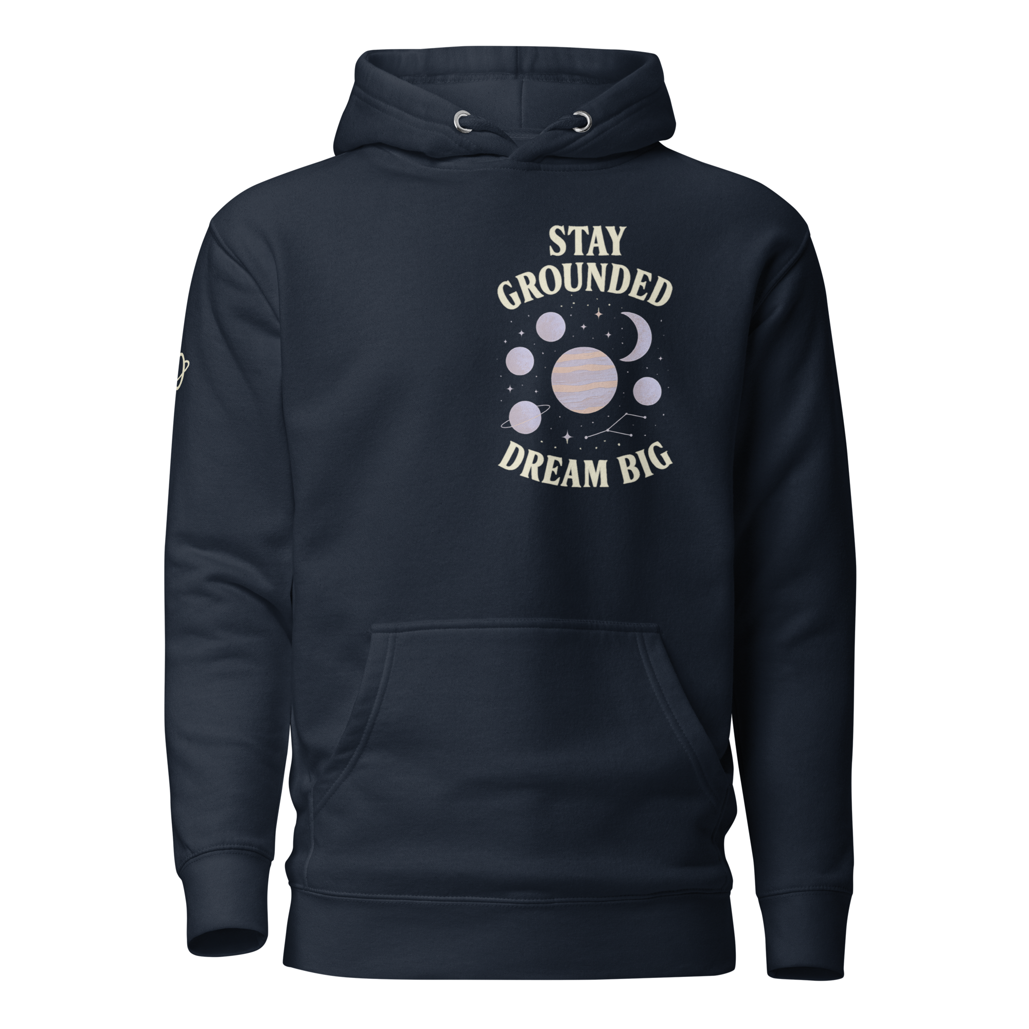 Man wearing black stay grounded dream big hoodie by orbit clothing - unisex