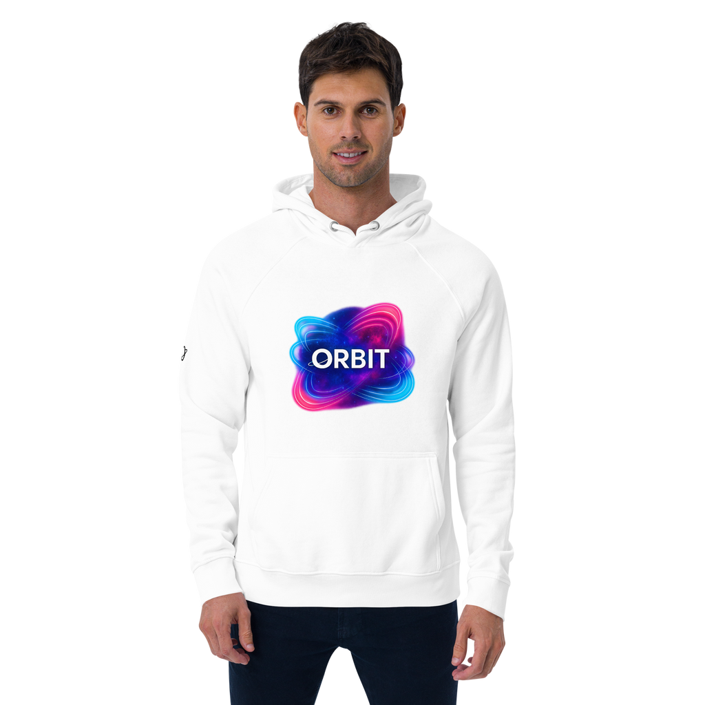 Man in white orbit hoodie with neon logo. Unisex