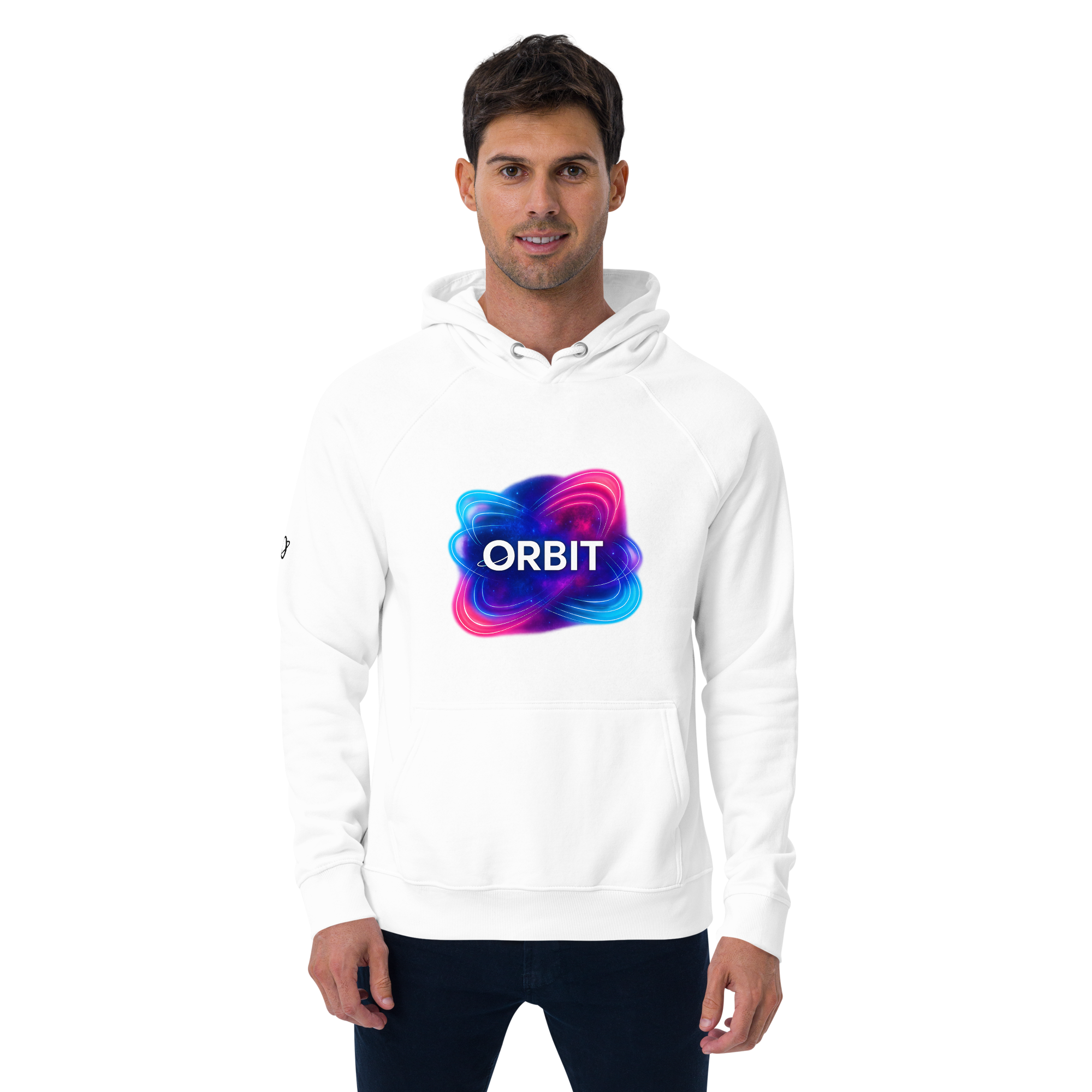 Man in white orbit hoodie with neon logo. Unisex
