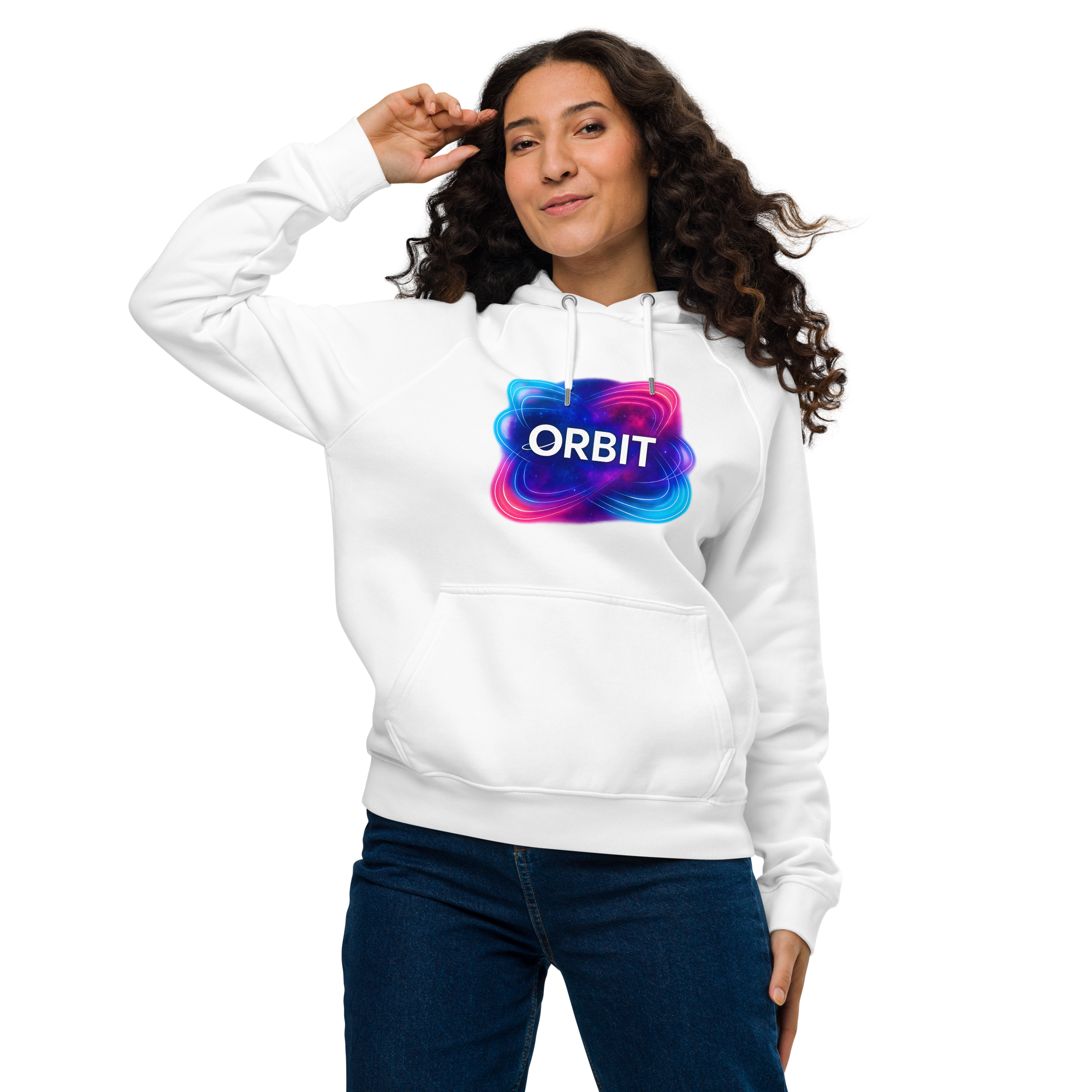 Woman in white orbit hoodie with neon logo. Unisex