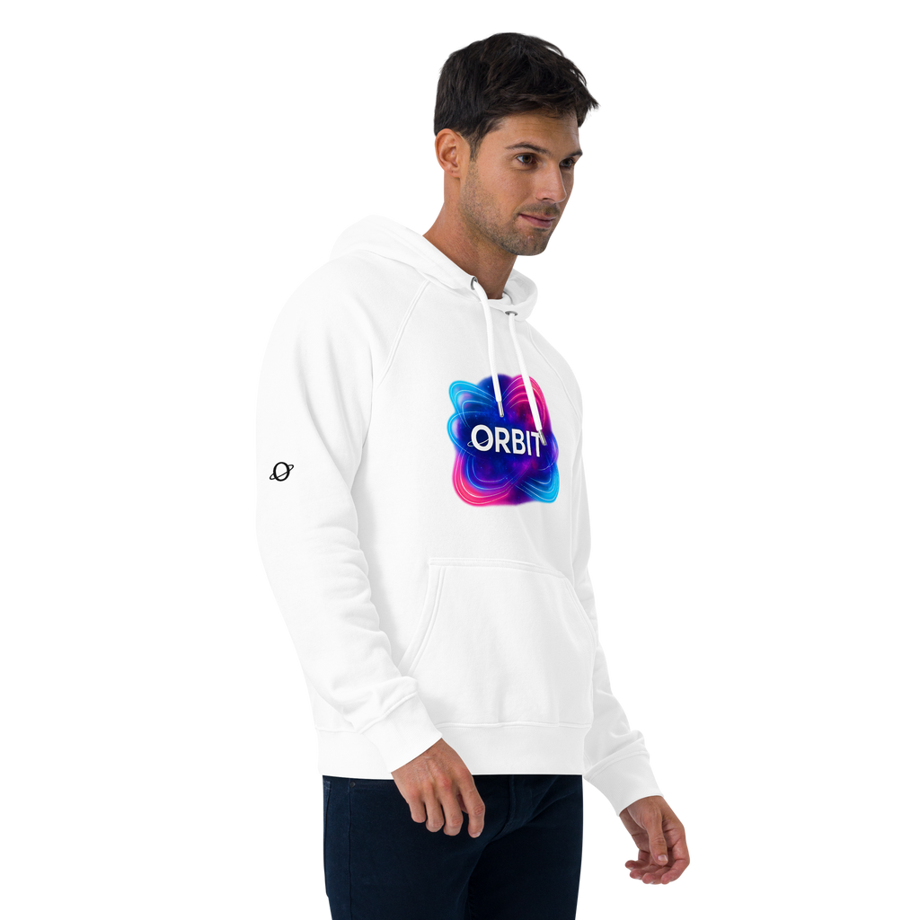 Man in white orbit hoodie with neon logo. Unisex